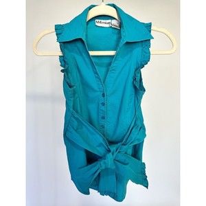 Millenium 100% Cotton Button Down Collar Ruffle Detail Top Blouse Belt Small